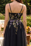 Abito Midi nero con spalline spaghetti in tulle applicato