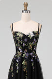 Abito Midi nero con spalline spaghetti in tulle applicato