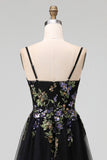 Abito Midi nero con spalline spaghetti in tulle applicato