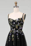 Abito Midi nero con spalline spaghetti in tulle applicato