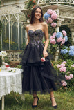 Abito Midi Organza A-Line Applicato Nero senza spalline
