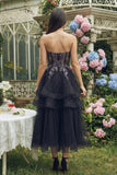 Abito Midi Organza A-Line Applicato Nero senza spalline