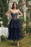 Abito Midi Organza A-Line Applicato Nero senza spalline
