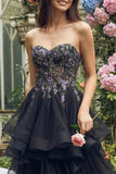 Abito Midi Organza A-Line Applicato Nero senza spalline