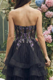 Abito Midi Organza A-Line Applicato Nero senza spalline
