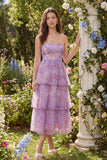 Vestito Midi a livelli in tulle viola senza spalline
