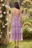 Vestito Midi a livelli in tulle viola senza spalline
