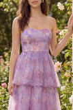Vestito Midi a livelli in tulle viola senza spalline