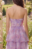 Vestito Midi a livelli in tulle viola senza spalline