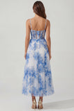 Corsetto a linea A in tulle a fiori bianchi blu spalline spaghetti