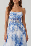 Corsetto a linea A in tulle a fiori bianchi blu spalline spaghetti