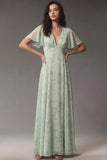 Dusty Sage Chiffon Scollo a V A Line con maniche corte