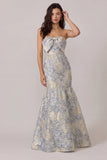 Abito da ospite da sposa in raso Jacquard blu polveroso con nodo a fiocco