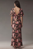 Vestito midi in raso a scollo a V nero rosa e maniche corte