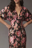 Vestito midi in raso a scollo a V nero rosa e maniche corte