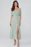 Abito midi in chiffon stampato salvia polverosa con spalla e fessura