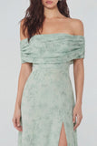 Abito midi in chiffon stampato salvia polverosa con spalla e fessura