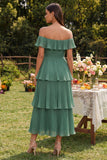 Abito midi a linea A con pieghe a livelli in chiffon di eucalipto