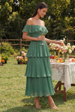 Abito midi a linea A con pieghe a livelli in chiffon di eucalipto