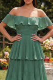 Abito midi a linea A con pieghe a livelli in chiffon di eucalipto