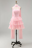 Corsetto rosa senza spalline a linea a A, vestito corto a livelli con volant