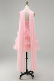 Corsetto rosa senza spalline a linea a A, vestito corto a livelli con volant