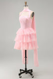 Corsetto rosa senza spalline a linea a A, vestito corto a livelli con volant