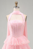 Corsetto rosa senza spalline a linea a A, vestito corto a livelli con volant