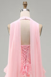 Corsetto rosa senza spalline a linea a A, vestito corto a livelli con volant