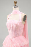 Corsetto rosa senza spalline a linea a A, vestito corto a livelli con volant