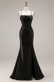 Abito elegante lungo da sirena con spallette di raso nero e fessura