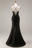 Abito elegante lungo da sirena con spallette di raso nero e fessura