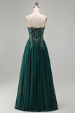 Abito lungo elegante verde stiro senza spalline floreale con perline