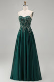 Abito lungo elegante verde stiro senza spalline floreale con perline