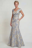 Abito floreale della madre della sposa in stile sposa a scollo a V blu polveroso