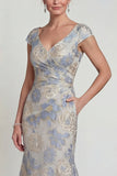 Abito floreale della madre della sposa in stile sposa a scollo a V blu polveroso