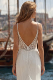 Abito da sposa lungo con spallette in pizzo in avorio con spallone e apertura