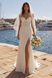 Abito da sposa applicato a sirene d'avorio con corta di corte
