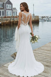 Abito da sposa in raso applicato sirena avorio con trena di corte