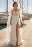 Abito da sposa con spallette spaghetti applicate in raso avorio di sirena e fessura
