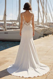 Abito da sposa con spallette spaghetti applicate in raso avorio di sirena e fessura
