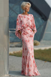 Abito Madre della Sposa in Chiffon Floreale di Rosa Polverosa con maniche svasate
