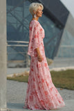 Abito Madre della Sposa in Chiffon Floreale di Rosa Polverosa con maniche svasate