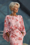 Abito Madre della Sposa in Chiffon Floreale di Rosa Polverosa con maniche svasate