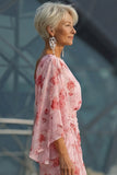 Abito Madre della Sposa in Chiffon Floreale di Rosa Polverosa con maniche svasate