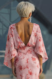 Abito Madre della Sposa in Chiffon Floreale di Rosa Polverosa con maniche svasate