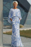 Abito Madre della Sposa Fodero Floreale Blu con maniche svasate