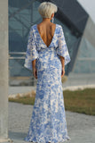 Abito Madre della Sposa Fodero Floreale Blu con maniche svasate