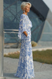 Abito Madre della Sposa Fodero Floreale Blu con maniche svasate