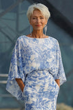 Abito Madre della Sposa Fodero Floreale Blu con maniche svasate